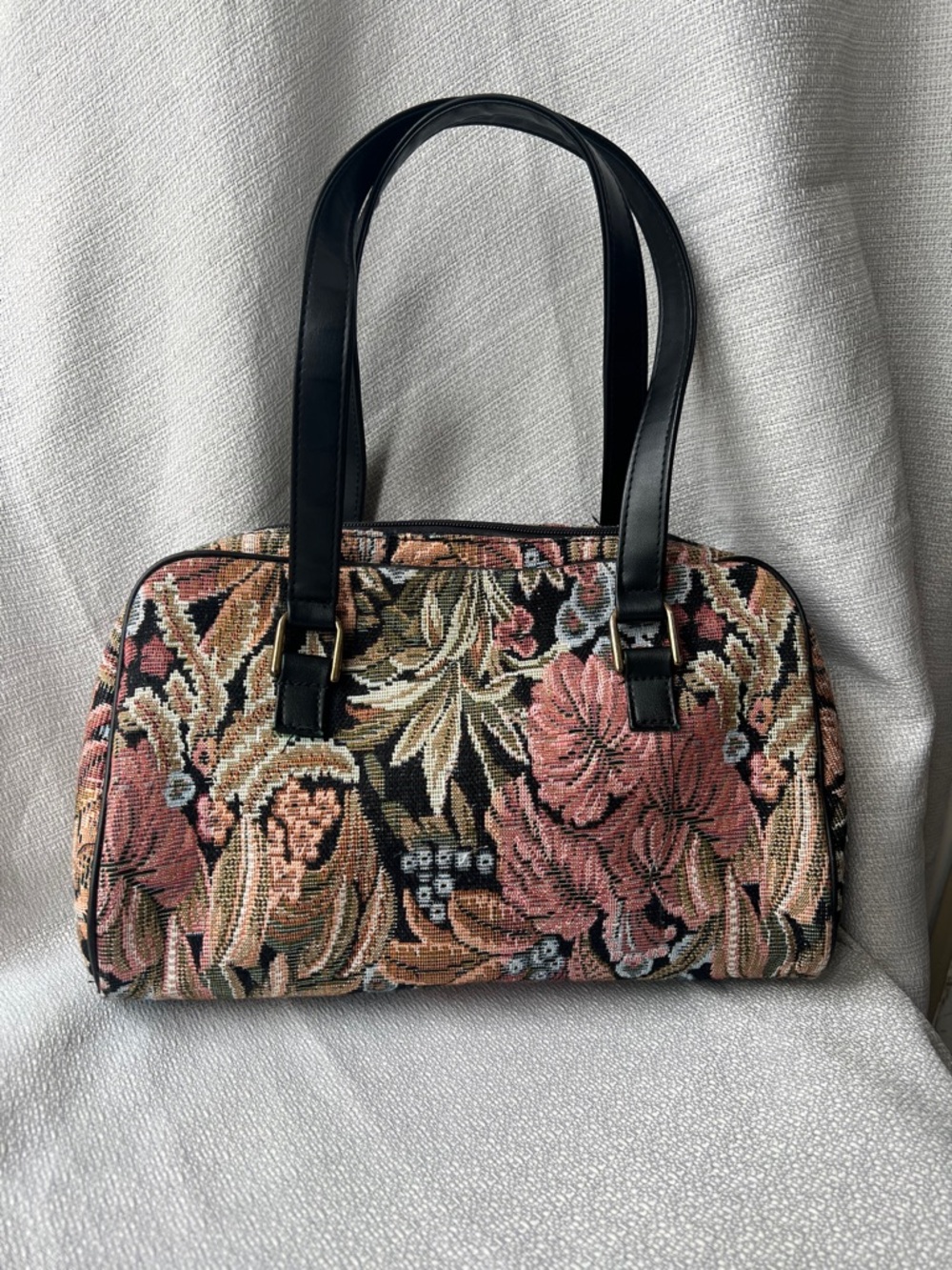 Floral Tapestry Shoulder Bag in Black and Pink